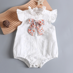 Baby Girl Embroidery Pattern Round Neck Mullet Design Sleeveless Cardigan Onesies With Bow Decorations