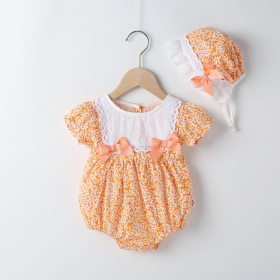 Baby Girl Floral Pattern Lace Patchwork Round Collar Short-Sleeved Colorful Cotton Onesies With Hat