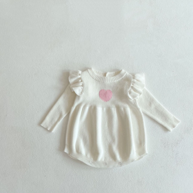 Baby Girl 1pcs Heart Embroidered Pattern Ruffle Long Sleeve Knit Onesies