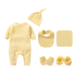 Newborn Solid Color Romper Hat, Bib, Gloves, Footwear, Square Scarf Sets