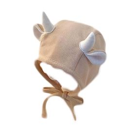 Beige Baby Autumn Winter Hat Cute Cow Horn Beanie Hat Cotton Ear Protection Toddler Hat for Boys Girls,2-15 Months