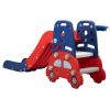 Baby Highchair and Toddler Slide with Basketball Hoop, Easy-Climb Stair, Extra Long Slide and Ball - Red and Blue Car XH