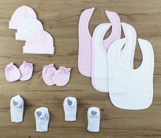 10 pc Set of Bibs, Caps, Booties (Color: Pink/White, size: Newborn)