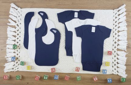 6 Pc Layette Baby Clothes Set (Color: White/Navy, size: Newborn)