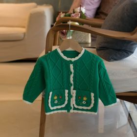 Girls' Round Neck Pocket Cardigan Sweater (Option: Green-80cm90cm100cm110cm120cm)