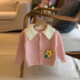 Girls' Lapel Flower Cardigan Sweater (Option: Pink-80cm90cm100cm110cm120cm)