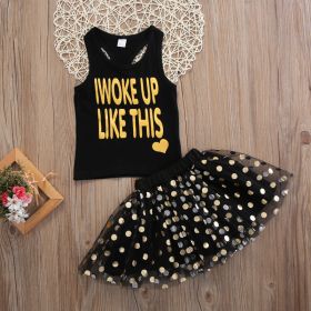 Girls' Printed Vest Polka Dot Printed Skirt Suit (Option: Black-80cm)