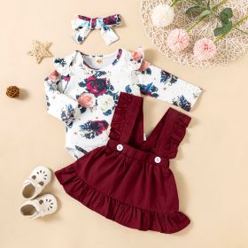 Printed Long-sleeved Baby Girl Romper Two-color Strap Ruffled Dress Headdress Three Pieces (Option: Wine Red-80cm)