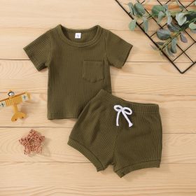 Cotton Multi-color Sunken Stripe Short Sleeve Suit (Option: Army Green-110cm)