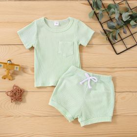 Cotton Multi-color Sunken Stripe Short Sleeve Suit (Option: Light Green-110cm)