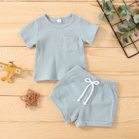 Cotton Multi-color Sunken Stripe Short Sleeve Suit (Option: Light Blue-110cm)