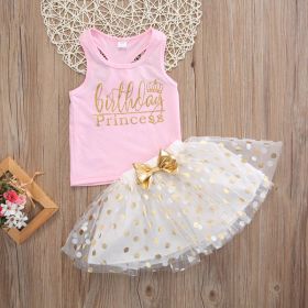 Girls' Printed Vest Polka Dot Printed Skirt Suit (Option: Pink-80cm)