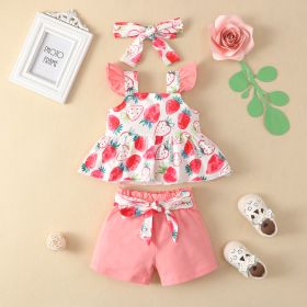 Girls' Fashion Flounced Sleeve Top And Shorts Three-piece Suit (Option: Pink-80)