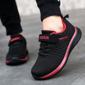 Fashion Children Sneakers Big Kids Size Casual Shoes Summer Breathable Soft Light Running Boy Girl Outdoor Non-slip Sport Tennis (Color: Black red)