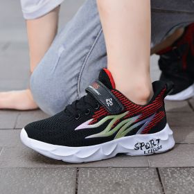 Kids Flying Woven Mesh Casual Shoes Sneakers Student Spring Summer Autumn New Fashion Boy Girl Light Breathable Middle Big Child (Color: Black red)