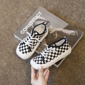 Children Casual Canvas Shoes 26-37 Big Kids Spring Summer Autumn New Boy Girl Sneakers Square Toe Lace Up Comfortable Breathable (Color: black white plaid)