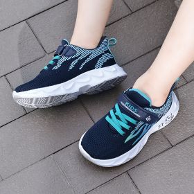 Kids Flying Woven Mesh Casual Shoes Sneakers Student Spring Summer Autumn New Fashion Boy Girl Light Breathable Middle Big Child (Color: Black blue)