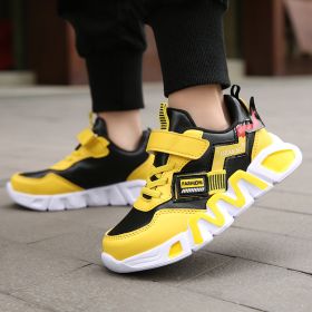 Boys Casual Outdoor Walking Tennis Sneakers Children Breathable Height Increasing Trainers Kids Waterproof Leather Running Shoes (Color: Yellow Black)