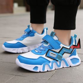 Boys Casual Outdoor Walking Tennis Sneakers Children Breathable Height Increasing Trainers Kids Waterproof Leather Running Shoes (Color: Blue White)