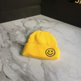 Smiling Face Embroidery Baby Knitted Hat Autumn Winter Warm Infant Toddler Beanie Hat Outdoor Windproof Girls Boys Bonnet Cap (Color: YELLOW)