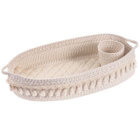 Baby Changing Basket; Handmade Woven Cotton Rope Moses Basket; Changing Table Topper with Mattress Pad(White&Brown) (Color: as Pic)