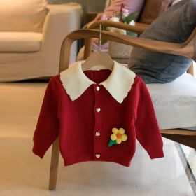 Girls' Lapel Flower Cardigan Sweater (Option: Red-80cm90cm100cm110cm120cm)