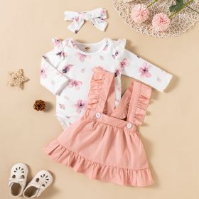 Printed Long-sleeved Baby Girl Romper Two-color Strap Ruffled Dress Headdress Three Pieces (Option: Pink-80cm)